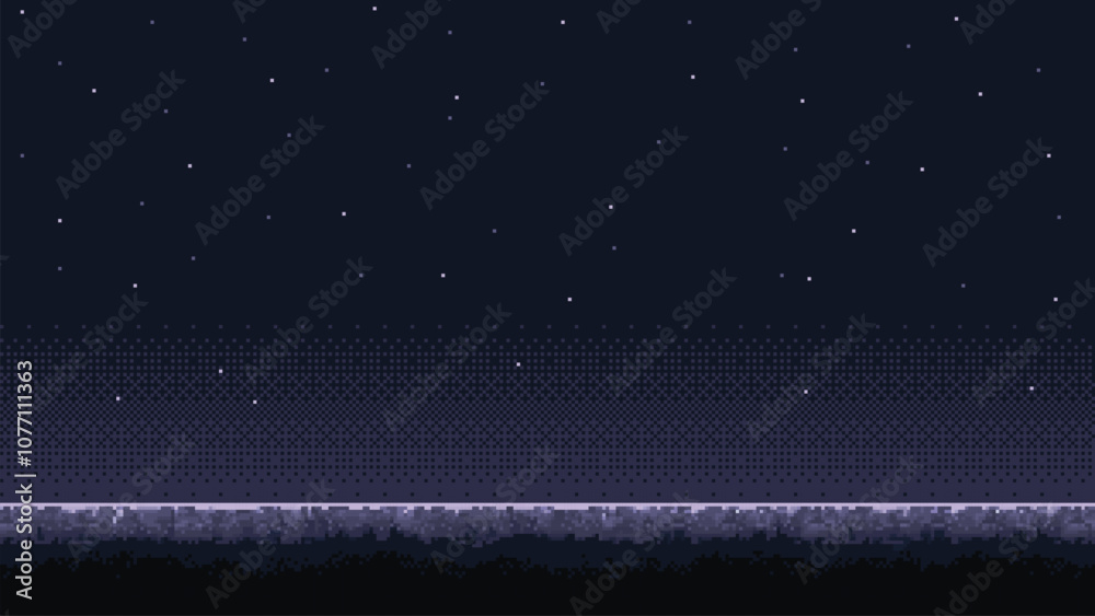 Poster pixel art space game level background, 8 bit retro style video game. Planet surface. Starry sky. Vector illustration