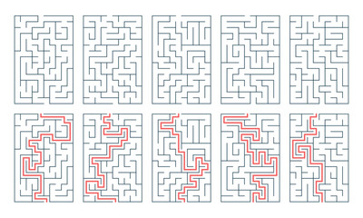Fototapeta premium Maze set with a solution. Game for kids. Vector Labyrinth, conundrum. Puzzle for children. Find the right path. Maze for books, print, family activity.