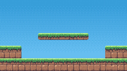pixel art retro game level, 8 bit 2d video game background, pixel template. stones, grass and blue sky. Vector illustration © hiten666