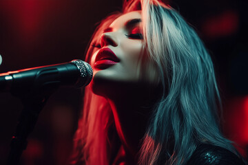 Young woman singing into a microphone, vocal school...