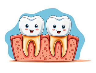 Happy cartoon teeth with smiling faces on pink gums, promoting dental health and hygiene