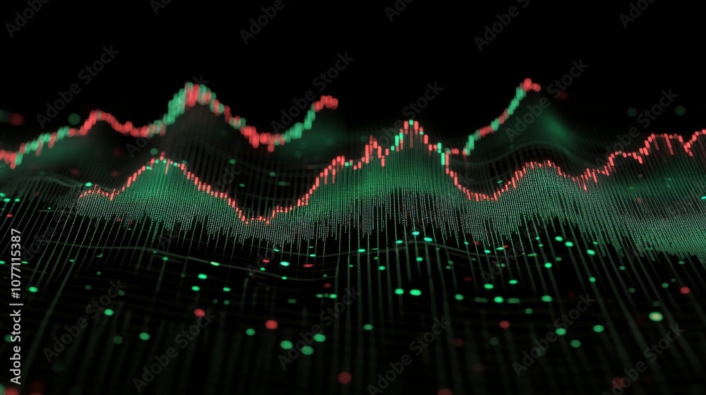Poster Abstract Visualization of Data Metrics and Trends in Red and Green on a Dark Background Representing Statistical Analysis and Digital Technology