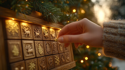 Hand Opening Wooden Advent Calendar with Christmas Tree Lights