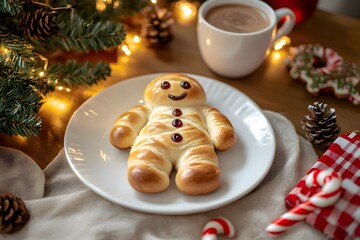 Close-up of a brioche man (traditional Manele) with raisin eyes on a white plate, set on a festive...