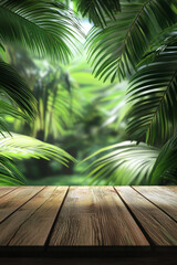 Fototapeta premium Wooden table in a lush jungle scene, framed by vibrant green foliage and blurred bokeh background