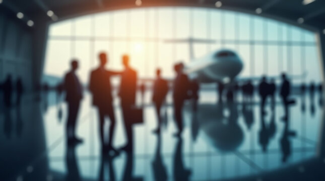 Blurred image of an airport terminal with a private jet, hangar, and silhouettes of business people symbolizing success