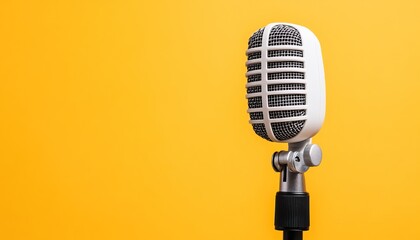 Fototapeta premium A vintage microphone stands upright against a vibrant yellow background, symbolizing music, broadcasting, and creativity.