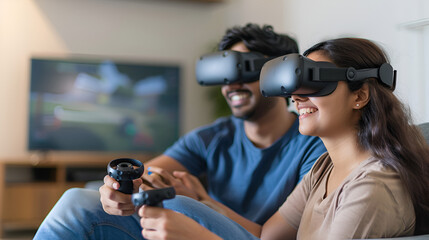 A young desi Asian couple is playing video games at home while wearing virtual reality glasses