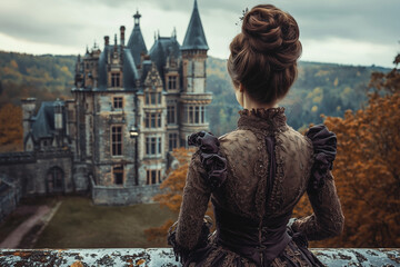 Beautiful retro dressed woman near old castle