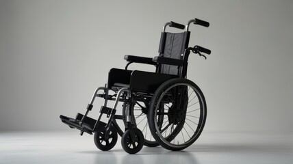 Obraz premium An elegant black wheelchair with sturdy wheels and armrests stands against a light background. Its modern design offers both functionality and comfort to users, enhancing mobility needs.
