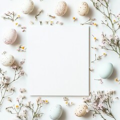 Easter-themed blank white card mockup surrounded by small Easter eggs and delicate flowers on the edges, white background, top view. 