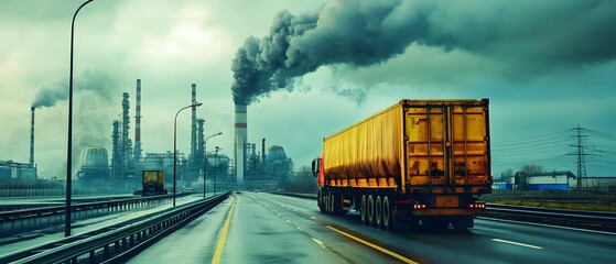 Industrial Scene with Truck and Smoky Factory Emissions Under Overcast Sky, Highlighting Environmental Concerns and Transportation Challenges in Urban Settings