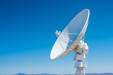 Massive ground-based satellite dish communicating with space, capturing signals for data transmission in a vast open landscape