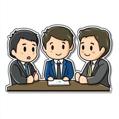 Fototapeta premium Three business professionals discussing at a table, white isolate background