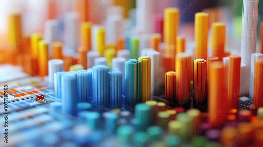 Poster colorful abstract data visualization with 3d bar graphs representing insights and trends in an engag