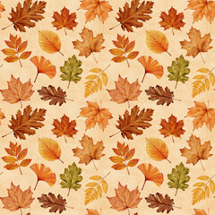 Obraz premium Hand-drawn watercolor seamless pattern of autumn leaves in warm shades of orange, brown, and green, showcasing detailed seasonal foliage on a beige background.