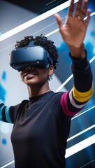 Obraz premium Happy young black girl in VR glasses exploring cyberspace, touching imaginary screen, playing virtual reality game. Positive African American woman experiencing contemporary technologies