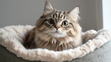 Obraz premium Close-Up of a Beautiful Fluffy Cat with Striking Green Eyes Relaxing in a Cozy Bed, Showcasing Its Unique Fur Pattern and Playful Expression in a Soft Indoor Setting