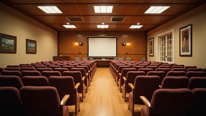 Fototapeta premium Vintage lecture hall with wooden walls, rows of brown chairs, bright windows, and a classic chandelier. Generative, AI,