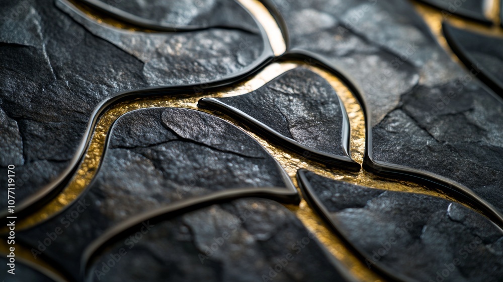 Poster close-up of elegant stone texture with curved lines and metallic accents revealing rich details and 