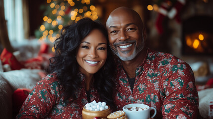 Smiling African American Couple in Matching Christmas Pajamas Enjoying Hot Cocoa