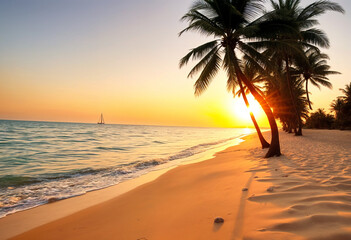 View of epic sunset over a tropical beach with stunning sky colours 