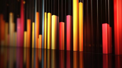 Vibrant Colorful Bar Graph on a Reflective Surface Representing Data Growth and Progress in a Modern and Abstract Style for Business and Technology Themes