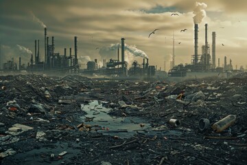 illustrating the impact of pollution on a planet, featuring industrial plants, machinery, petroleum