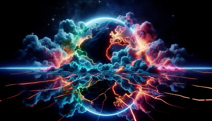 4K Background ,Colorful Landscape Art, Earth Planet , Magic, Neon Lights, 3D Nature,  for Youtube thumnail or background video or music cover art , or home decor
