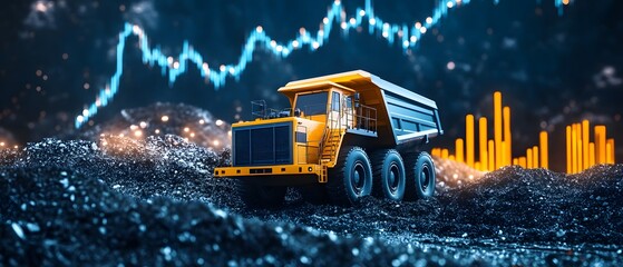 A Conceptual Representation of a Dump Truck on a Mining Site with Financial Graphs Illustrating Market Trends and Economic Growth Dynamics