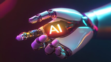 A futuristic robotic hand holds a glowing AI symbol, highlighting the intersection of technology and artificial intelligence innovation.