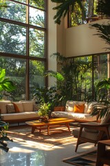 Fototapeta premium Cozy indoor living area surrounded by lush greenery during the afternoon light