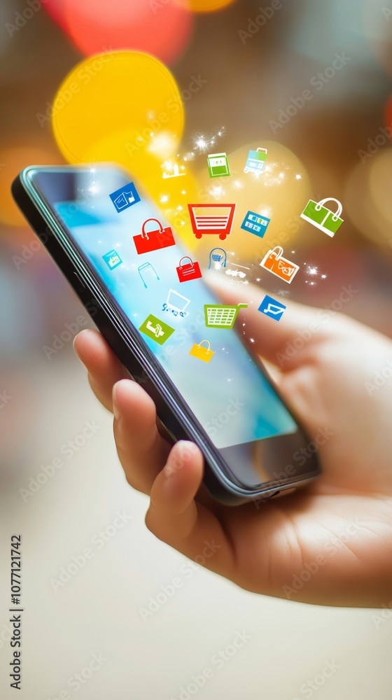 Aufkleber Customer using smartphone for online shopping with colorful icons floating from the screen, representing e commerce and online payment for fast delivery