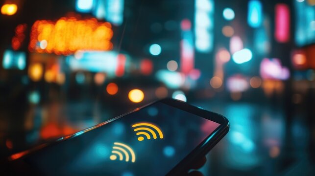 Urban Night Scene with Smartphone Displaying Wi-Fi Symbols, Vibrant City Lights and Reflections on Wet Pavement Illustrating Connectivity and Modern Life