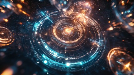Obraz premium Abstract digital illustration of swirling lights and circular patterns, suggesting motion and energy.