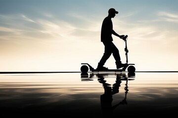 Silhouette of a man riding a scooter against a stunning sunset with vibrant colors in the sky