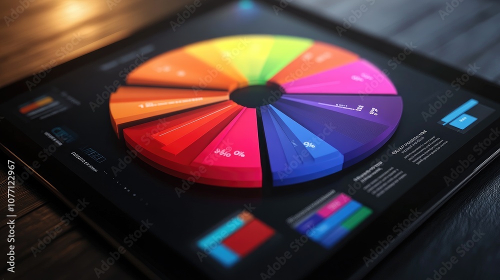Poster Vibrant Data Visualization on Digital Tablet Displaying Colorful Pie Chart with Various Segments Representing Statistics and Analytical Insights for Business Use