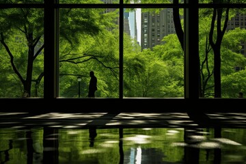 Fototapeta premium Modern office building surrounded by lush trees in vibrant greens under bright sunlight reflections