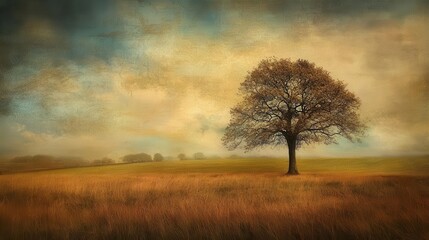 a solitary tree stands against a vast countryside, embodying solitude and strength. the expansive sky and earthy tones enhance the scene's peaceful and timeless quality