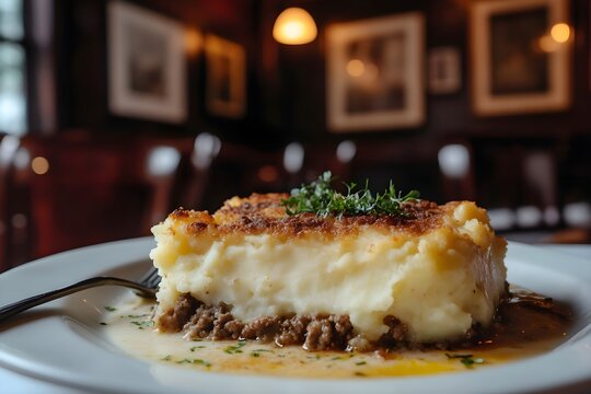 A close-up of a plate of hearty hachis parmentier - ground meat and mashed potatoes - in a cozy French bistro with wooden tables, soft lighting, and artwork evoking an intimate atmosphere