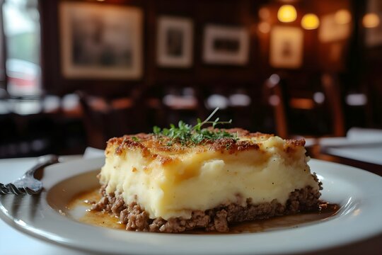 A close-up of a plate of hearty hachis parmentier - ground meat and mashed potatoes - in a cozy French bistro with wooden tables, soft lighting, and artwork evoking an intimate atmosphere