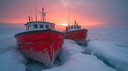 Boats frozen into the sea ice in winter night signify the harsh conditions of the Arctic, which are only worsening due to climate change