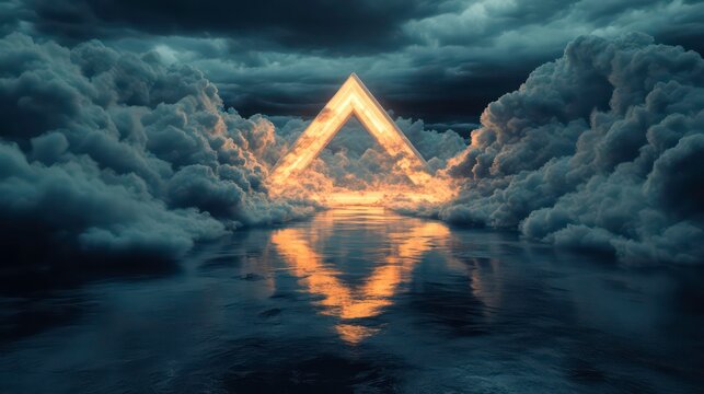 3d rendering, contemporary futuristic scene showcasing luminous shape patterns and chaotic clouds against a dark horizon. Diamond frame with space for text - Powered by Adobe