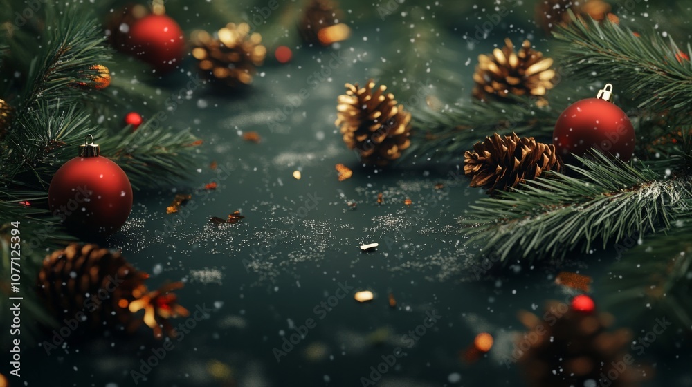 Aufkleber A close-up of pine branches with red ornaments and pinecones resting on a dark, snow-covered surface. Light from a window or other source casts a soft glow on the scene.