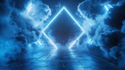 3d rendering, contemporary futuristic scene showcasing luminous shape patterns and chaotic clouds against a dark horizon. Diamond frame with space for text