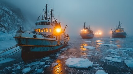 Fototapeta premium Boats trapped in frozen sea ice during the winter night highlight the harsh conditions of the Arctic and the impact of climate change on the environment