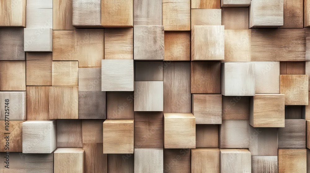 Poster A close-up of a wall made of various sized wooden cubes. The cubes are arranged in a random pattern and create a textured surface. The wood has a natural, warm color.