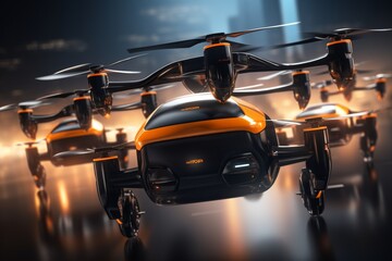 Naklejka premium Automated delivery system showcasing autonomous robots and drones in a high tech warehouse setup.