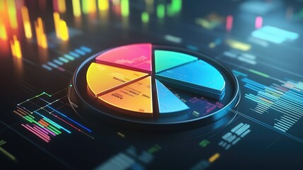 Colorful Data Visualization Wheel with Bar Graphs and Digital Elements Representing Analytics, Business Intelligence, and Financial Insights