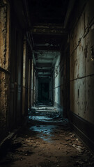 An abandoned stone building with arched windows and doors in a narrow, dark alley of an ancient town